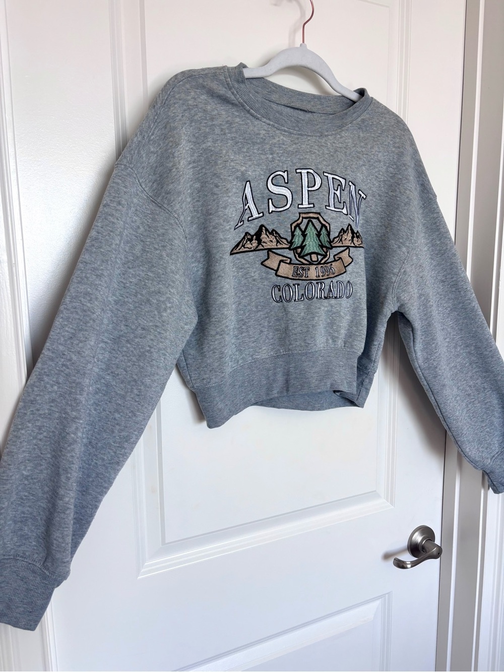 Aspen Colorado Cropped Sweatshirt Mountain Graphic Fleece Lined Gray Apre Ski